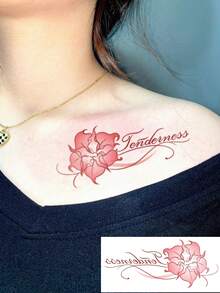 Floral Cursive Quote Temporary Tattoo Stickers, Multi-Color Thin Line Flower & Elegant Script Words, 5 Designs Pack, Waterproof Aesthetic Fake Tattoos For Collarbone Shoulder - Multicolor - View 3