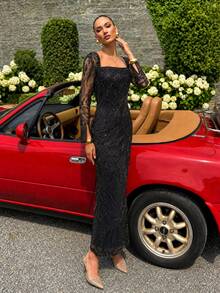 UNITHORSE [Random Cut] Square Neck Long Sleeve Cinched Waist Sequin Evening Dress - Black - View 4