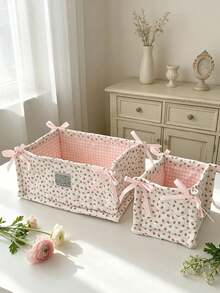 Strawberry Print Quilted Storage Basket, Bow Decor Foldable Fabric Storage Bin, Polka Dot Desktop Organizer, Home Vanity Clutter Storage Box - Multicolor - View 3
