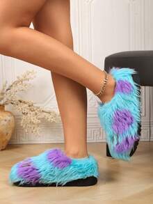 Women's Autumn/Winter New Slip-On Fuzzy House Slippers With Long Fur And Metal Decoration, Minimalist Fashion - Blue - View 3