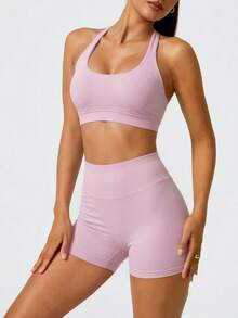 2pcs/Set Women's Sports Fitness Outfit Set, Halter Top And Sports Shorts, Suitable For Running And Training - Pink - View 1
