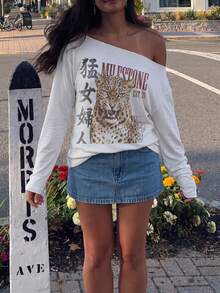 Women's Off-Shoulder Leopard Print Knit Long Sleeve Top, Autumn Outfit, Regular Fit Pullover - White - View 2