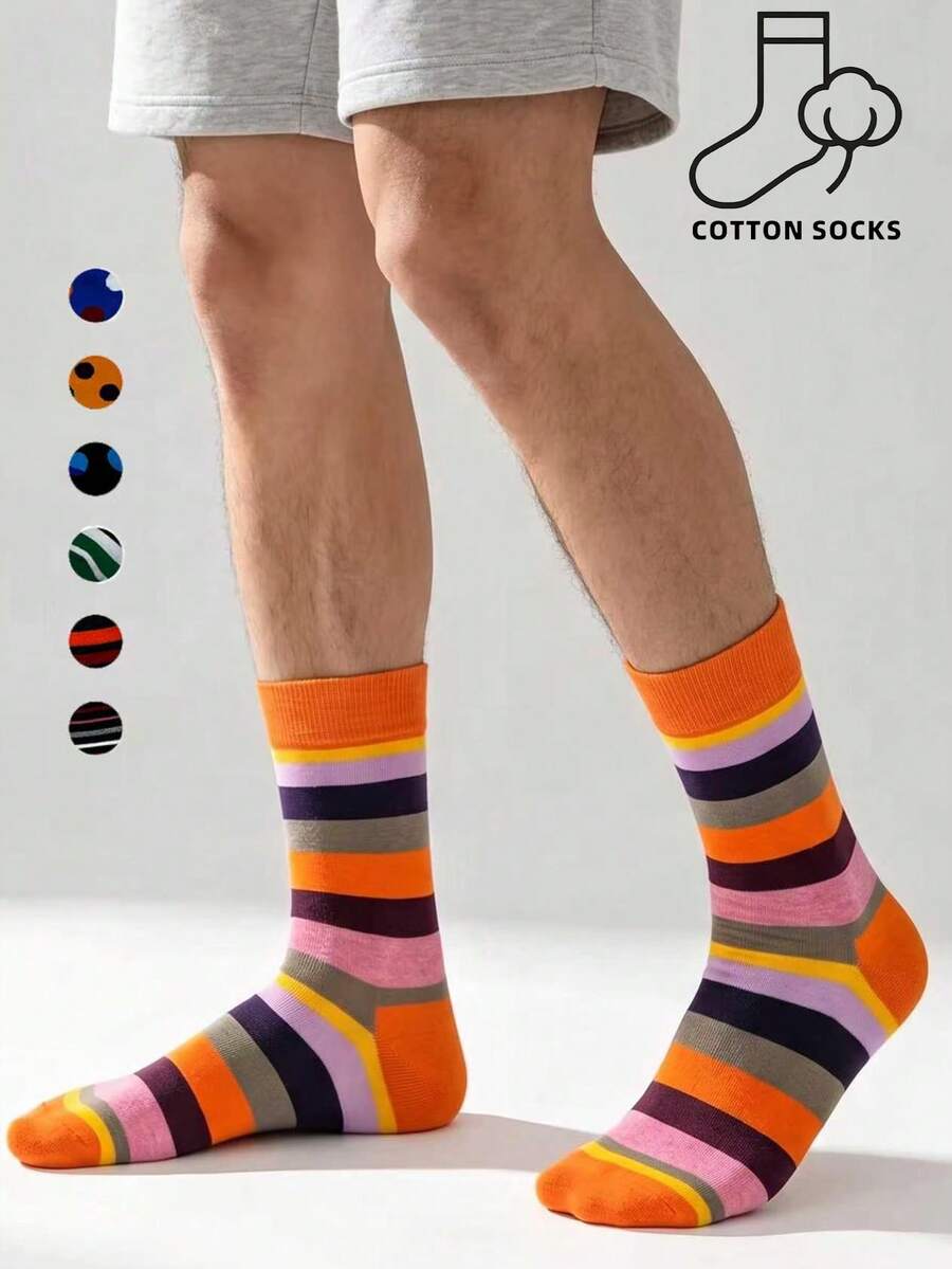 1/3/5 Pairs Unisex Colorful Striped Print Crew Socks, Contrast Cuff Design, Novel Mid-Calf Socks, Suitable For Daily Streetwear - Multicolor - View 1