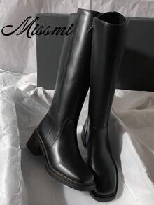 Fall/Winter 2025 New Leather Mid-Heel Over-The-Knee Riding Motorcycle Boots, Simple & Versatile High Shaft Boots For Women, Black - Black - View 2