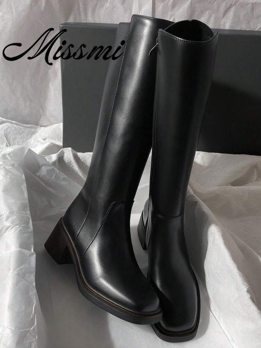 Fall/Winter 2025 New Leather Mid-Heel Over-The-Knee Riding Motorcycle Boots, Simple & Versatile High Shaft Boots For Women, Black