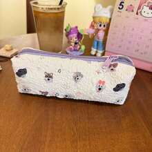 1pc Cute Cartoon Puppy All-Over Print Pleated Pencil Case, Soft Skin-Friendly Bubble Texture Fabric In Taro Purple, Smooth Zipper, Large Capacity Student Stationery Storage Bag With Detachable Plush Ball Charm, Girly High-Value Multi-Function Portable Pouch For Pens, Erasers, Sticky Notes, Rulers, Tape And Other School Supplies - Multicolor - View 8