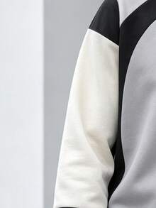 Men's Multi-Color Contrast Crew Neck Sweatshirt, Minimalist Geometric Line Graphic Print On Chest, Loose Fit Long Sleeve Pullover, Streetwear Casual Top, Bloke Core Style - Multicolor - View 2