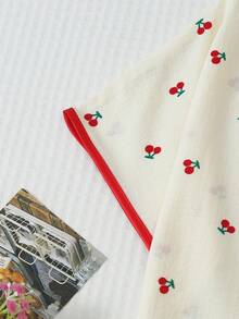 2pcs Women's Comfortable Red Cherry Print Short Sleeve Collared Top And Bow Shorts Pajama Set - Apricot - View 4