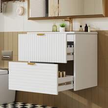 Wall-Mounted Vanity Unit 61*46*57 Cm, Fully Lacquered MDF, Two Soft-Close Drawers, Drawer Fronts With Horizontal And Vertical Patterns, Integrated Sink, White - White - View 4