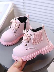 Cool Streetwear Boys Girls Combat Style Boots Thick Rope Laces Patchwork Design Heavy Bottom Fashion Shoes For Toddlers Daily Wear - Pink - View 2