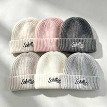 Women Embroidery Chunky Ribbed Knit Beanie Hat, Oversized Big Head Friendly Fluffy Fold Cuff Winter Warm Casual Fall Accessory - Chillen Embroidered Fashionable Korean Style Knit Hat - View 2