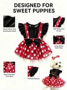 1pc M Size Dog Cat Vintage Dress Red Polka Dot Black Mesh, Ruffle Flutter Sleeve Suspender Strap Satin Bow Tulle Tutu Skirt, Cute Retro For Spring Summer Party Birthday Photo Shoot, Suitable For 3-4kg - Multicolor - View 5