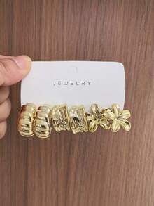 6/18PCS Fashionable Elegant Floral Geometric Multi-Element Gold Metallic Earrings Set, Women's Fashion Earrings Set (Lightweight CCB Material, Non-Fading) - Gold - View 8
