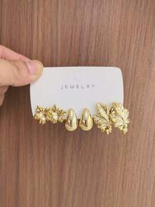 4/16PCS Fashionable Elegant Floral Geometric Multi-Element Gold Metallic Earring Set, Women's Fashion Earring Set (Lightweight CCB Material, Non-Fading) - Gold - View 2