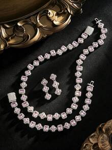 4pcs Luxury Evening Style Copper Material Pink Cubic Zirconia Square Four-Leaf Flower Necklace & Earrings Set, Women's Evening Party Wedding Dress Jewelry - Multicolor - View 1