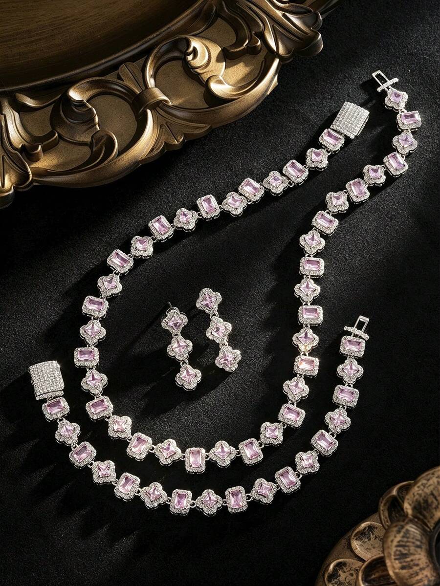 4pcs Luxury Evening Style Copper Material Pink Cubic Zirconia Square Four-Leaf Flower Necklace & Earrings Set, Women's Evening Party Wedding Dress Jewelry - Multicolor - View 1