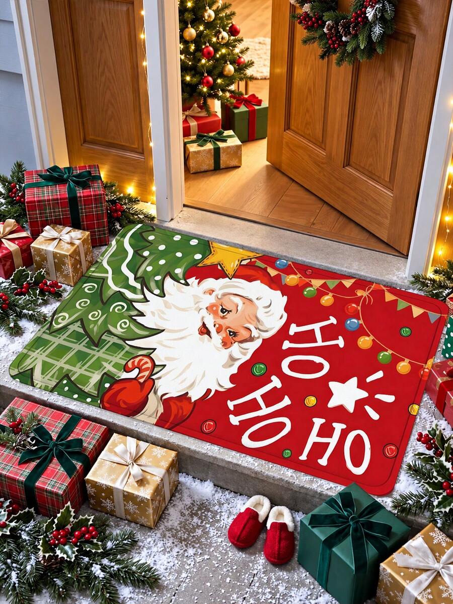 1pc Red Christmas Door Mat, Funny Cute Santa Claus Non-Slip Welcome Mat For Front Door Entryway Floor Hallway Laundry Room Kitchen Sink, Winter Holiday Decor