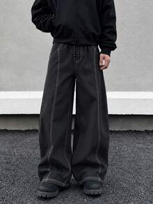 Men's Daily Wide Leg Pants, Geometric Stitch Design, Loose Fit, Autumn/Winter Sports Casual Streetwear - Black - View 2