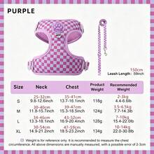 Spring New Plaid Pattern Dog Harness And Leash Set, Made Of Soft Breathable Mesh Fabric, Back Equipped With Round Ring For Increased Stability, Anti-Friction Design, Adjustable Size, Suitable For Small Dogs - Fashionable And Comfortable, Ideal For Daily Walking And Training. Matching Leash Has Waste Bag Holder. - Mauve Purple - View 3