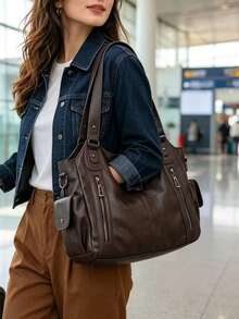 Women's Vintage Tote Bag, Large Capacity Shoulder Handbag, Removable Crossbody Strap Multi Zipper Casual Travel Bag - Coffee - View 4