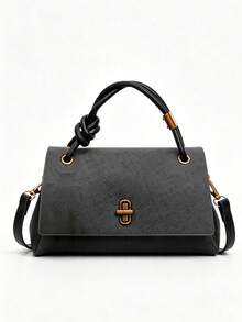 Premium PU Flap Women's Bag, Unique Knotted Twisted Top Handle, Minimalist Versatile Small Square Bag, Suitable For Commuting, Daily Outings And Dating - Black - View 4
