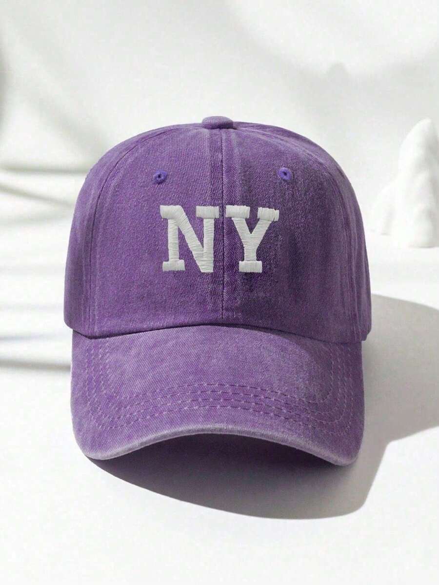 1pc Men's Embroidered NY Washed Baseball Cap, Outdoor Adjustable Casual Duck Bill Hat - Purple - View 1