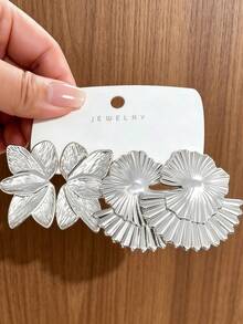 4/16PCS Fashionable Elegant Floral Geometric Multi-Element Silver Metallic Earring Set, Women's Fashion Earring Set (Lightweight CCB Material, Non-Fading) - Silver - View 8