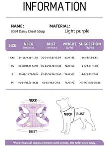 Pet Harness & Leash Set, Summer Cute Pink Daisy Pattern, Soft Lightweight Design, Adjustable Buckle, Breathable Mesh, For Puppies & Small Dogs - Mauve Purple - View 7