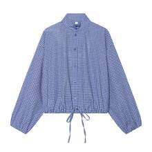 Women's Plaid Elastic Hem Long Sleeve Shirt, Casual Style, Button Front, Checkered Pattern - Blue - View 5