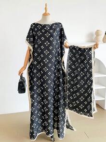 1 Set Faux Silk Minimalist Premium Geometric Floral Print Long Robe Set For Women, Beach Cover-Up Sun Protection Pullover Shawl With Satin Scarf, Perfect For Layering And Daily Wear - Multicolor - View 3
