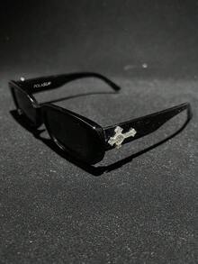 1 buah Kacamata Hitam Bingkai Persegi Kecil Hitam dengan Hiasan Salib dan Hati Berlian Imitasi, Gaya Hip Hop Rock Y2K dengan Lensa Gradien Motif Leopard, Ringan, Mewah, dan Vintage, Unisex untuk Semua Musim, Kacamata Pelindung Matahari untuk Perjalanan Luar Ruangan dan Dekoratif - Bingkai hitam/film abu-abu penuh (dengan salib berlian) - View 2
