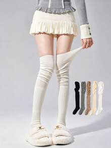 1/2/3 pares de calcetines altos de punto holgados por encima de la rodilla para mujer, otoño/invierno, con puño enrollado, adecuados para diversas ocasiones - Multicolor - Ver 1