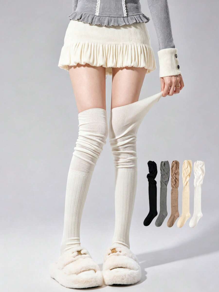 1/2/3 pares de calcetines altos de punto holgados por encima de la rodilla para mujer, otoño/invierno, con puño enrollado, adecuados para diversas ocasiones - Multicolor - Ver 1