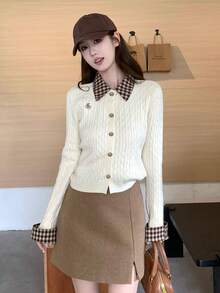 Women's 2-In-1 Knit Cardigan Sweater, Spring Outfit, Colorblock Plaid Polo Collar, Preppy Style Top - Apricot - View 7