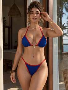 A Two Pieces Bikini Set With Blue And Red Contrasting Patterns For Women, An Elegant And Casual Swimsuit Set For Summer Beach Vacation Parties - Multicolor - View 2
