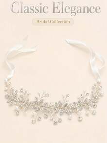 1pc 2-In-1 Rhinestone Pearl Leaf Bridal Sash & Headband, Adjustable Satin Ribbon Wedding Belt For Wedding Gown - Silver - View 6