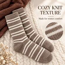 1 Pair Striped Winter Mid-Calf Socks, Thick & Comfortable Knitted Socks With Ribbed Cuff, Neutral Color, Suitable For Daily Wear - Multicolor - View 5
