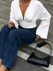 Women's V-Neck Wide Sleeve Gathered Shirt Blouse - Beige - View 5