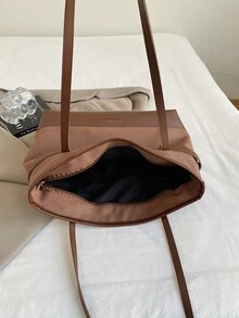 女款純色絎縫時尚大容量單肩托特包，磁吸開合，街頭休閒，攝影、日常通勤適用，大號 - 棕色 - 查看 4