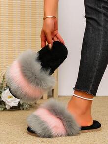 1 Pair Women's Contrast Color Long Plush One-Strap Indoor Comfortable Soft Sole Fuzzy Slippers - Pink - View 3