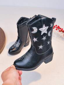 Girls' Princess Boots, New Autumn/Winter Warm Long Boots For Little Girls, Children's Embroidered Western Boots - Black - View 5