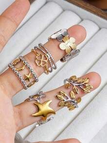 1/5pcs Color Block Stainless Steel Open Rings, Fashionable Women's Rust-Proof Rings, Durable Dual-Tone Rings, Suitable For Daily Wear - Color Block - View 2