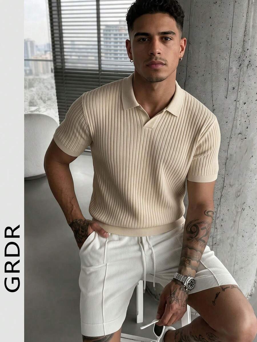 GRDR Men's Solid Color Short Sleeve Knit Sweater, Fashionable For Summer