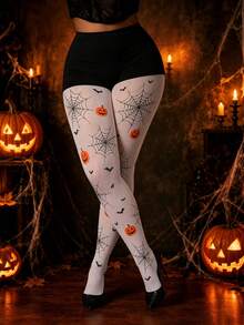 Women Plus Size Halloween Spider Web Pumpkin Bat Print Opaque Tights Pantyhose - Multicolor - View 4