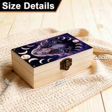 1pc Handmade Wooden Storage Box, Mysterious Moon Phase And Charming Female Illustration Gift Storage Box, Jewelry Organizer Box, Bedroom Decor Keepsake Box, Vanity Organizer, Spiritual Altar Display, Bohemian And Witch Style Home Decor - Multicolor - View 2