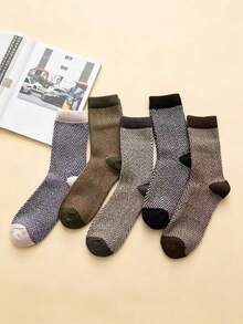 Men's Multi-Color Contrast Striped Ribbed Cuff Cotton Warm Vintage Business Mid-Calf Socks, Autumn/Winter Commute - Multicolor - View 2