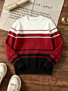Boys Retro Stripe Knit Pullover, Red Black Cream Color Block Long Sleeve Crew Neck Sweater - White - View 3