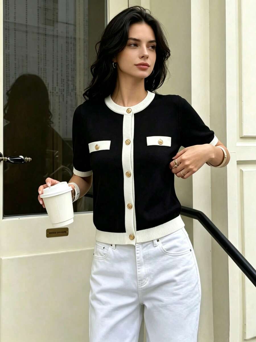 Seelio 女款秋冬新款短袖針織開襟衫，法式對比色鈕扣圓領修身 T-Shirt 針織外套 - 黑色 - 查看 1