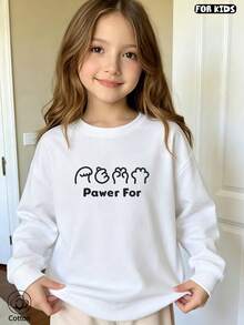 Kids Casual Cute Hoodie, Round Neck Long Sleeve With Cartoon & Text Print, Comfortable Breathable For Spring Autumn Daily Wear, Perfect Gift - White - View 1