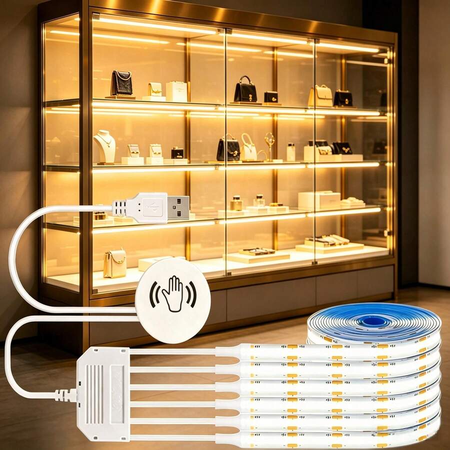 手揮感應 COB LED 櫥櫃燈,USB 供電,單個感應器可控制多條燈條,2 種色溫可自由裁剪 LED 燈條,適用於展示櫥窗、衣櫃 - 暖白色 - 查看 1